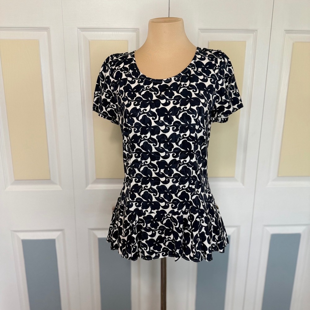 Maple by Some Odd Rubies Navy Blue White Floral Peplum Blouse Top Size 6 Zipper
